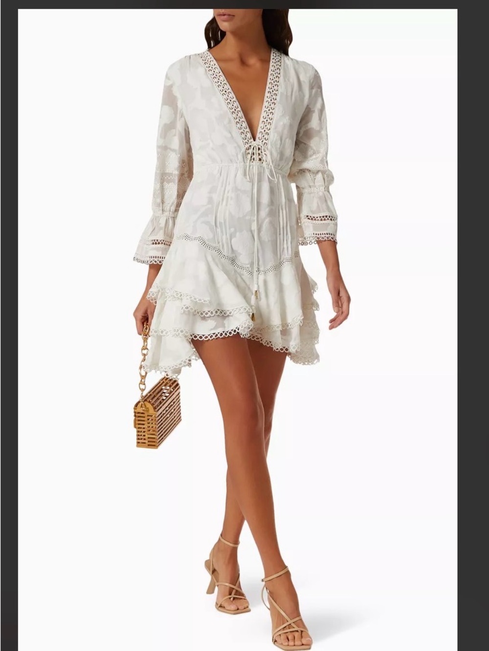 HEMANT & NANDITA White V-Neck Lace Trim Tiered Mini Dress